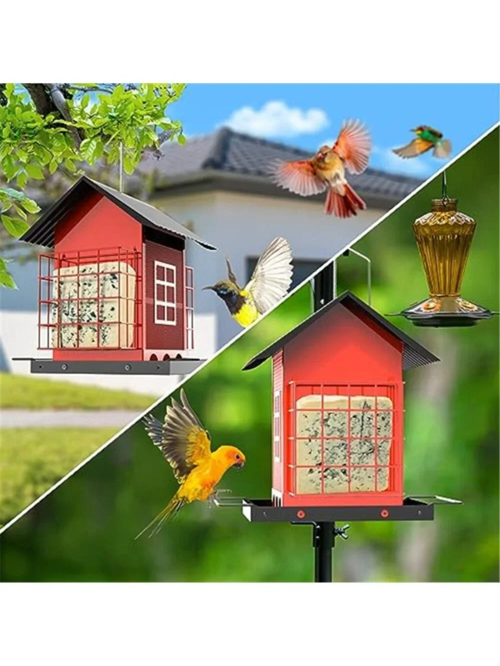 Bird Feeders for Outdoors Hanging, Metal Bird Feeder with Double Suet Cage Cake